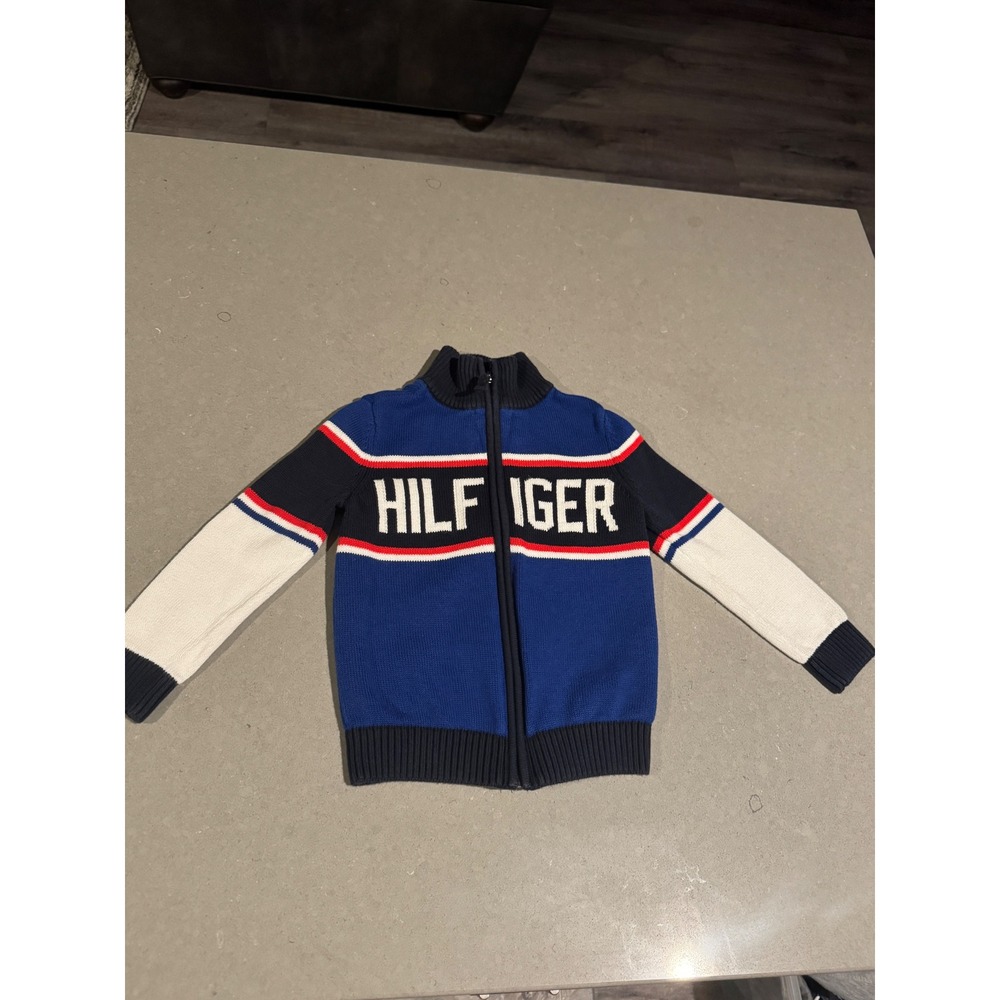Tommy Hilfiger Kids Zip Up Sweater Blue White Red Logo Size XS‎ 4-5